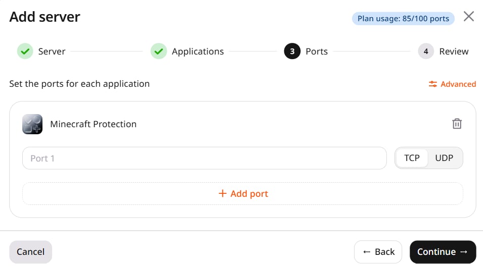 Step 3 showing port and protocol settings for Minecraft Protection