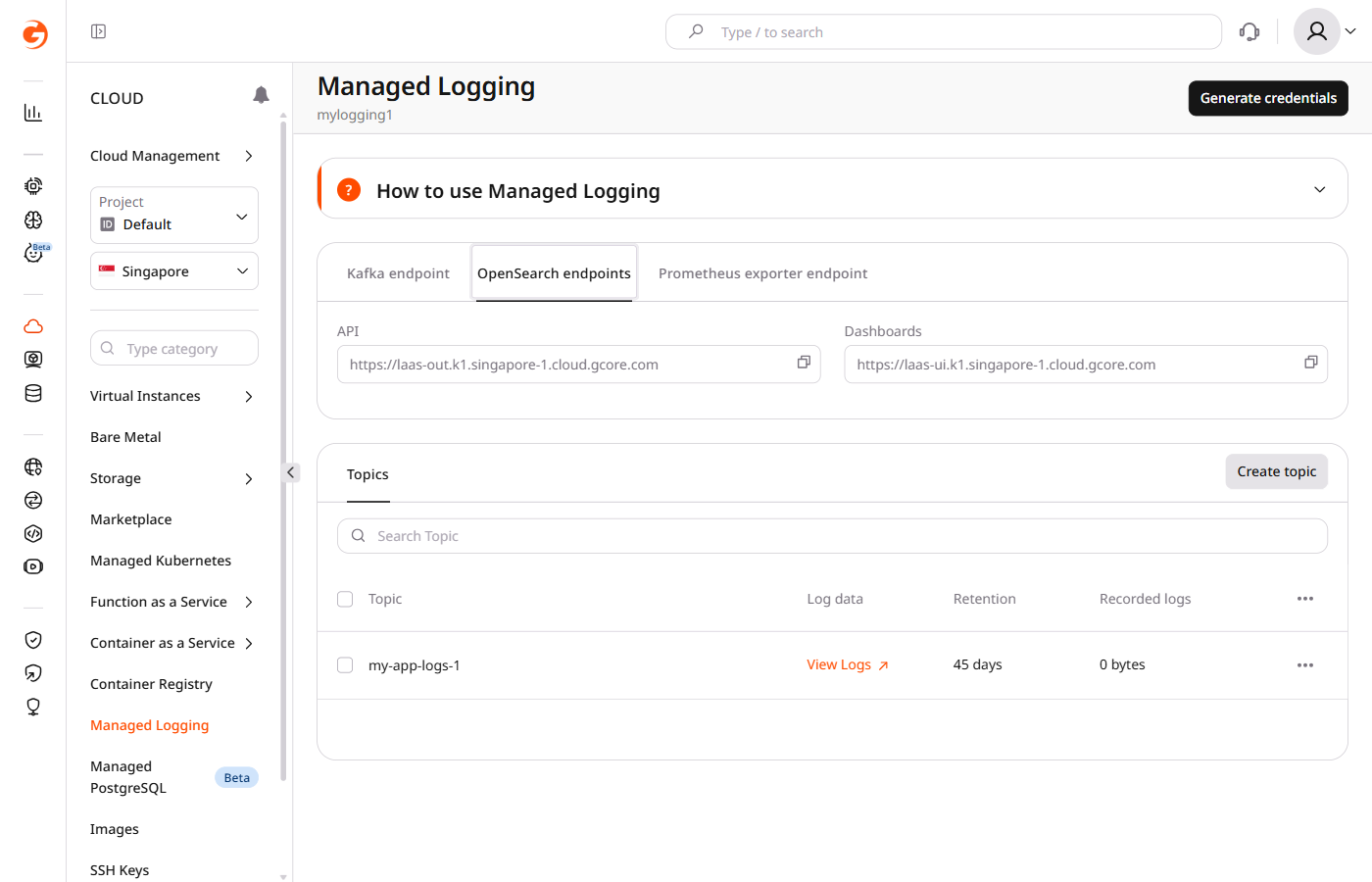 Logging page showing OpenSearch endpoints tab with the Dashboards URL