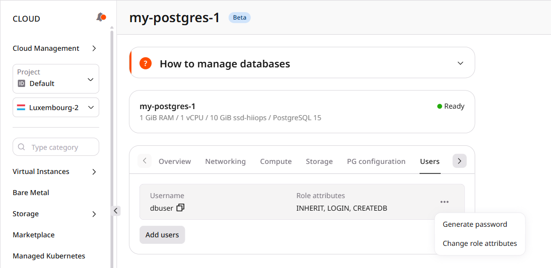 Managed PostgreSQL Users tab with Generate password option in the action menu