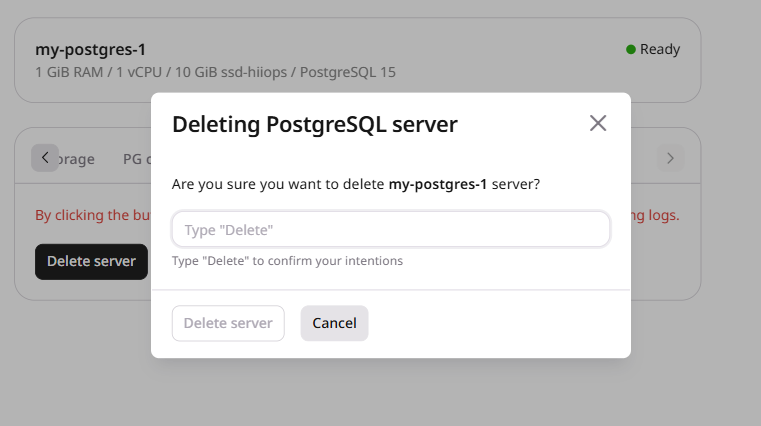 Managed PostgreSQL delete server confirmation dialog
