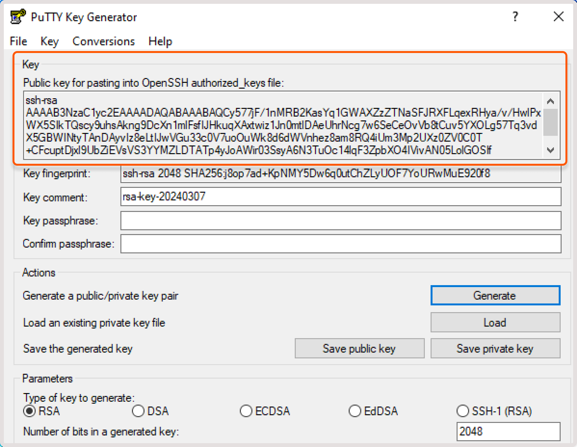 PuTTYgen with a generated public key