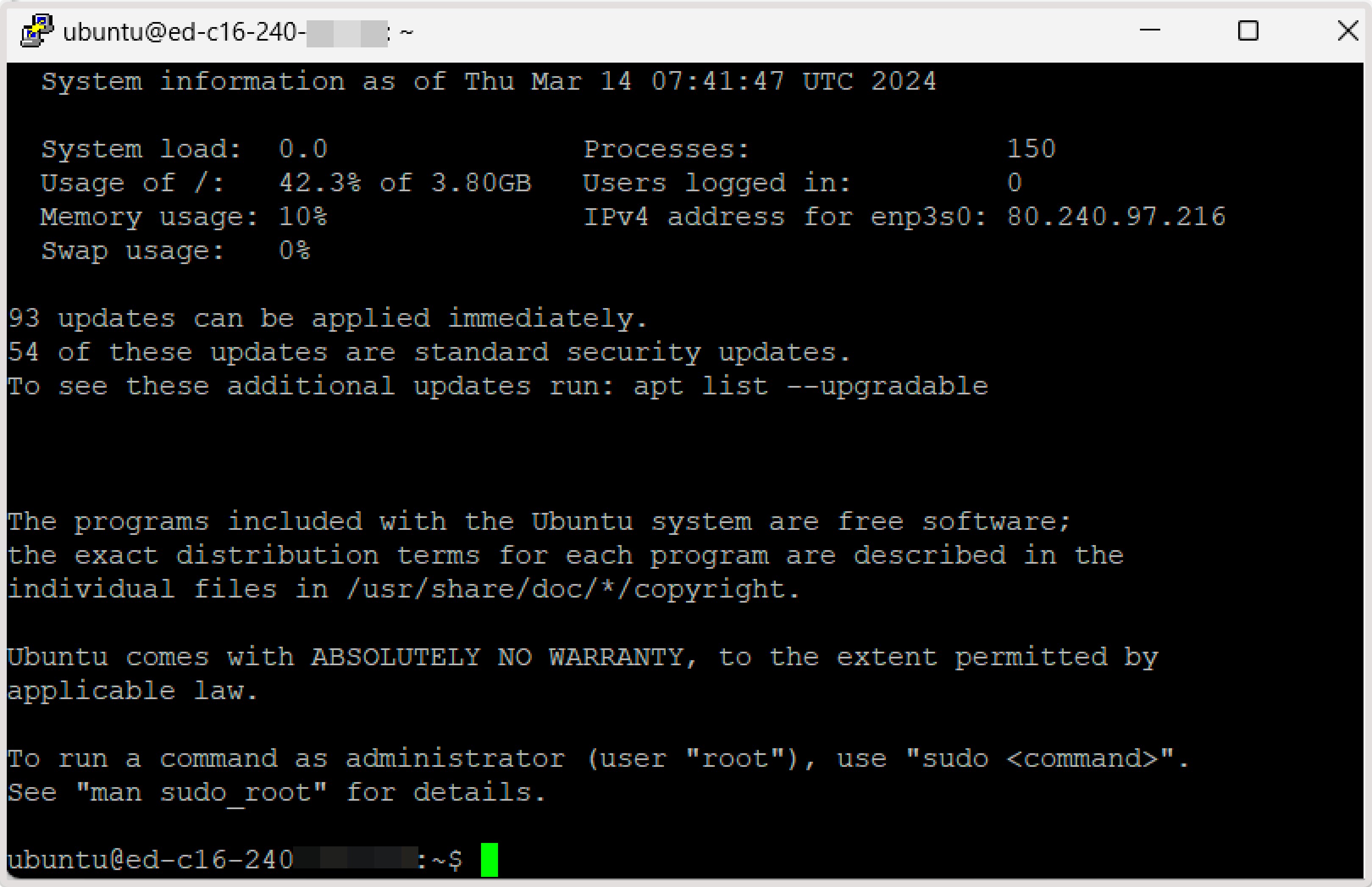 PuTTY terminal displaying successful SSH connection