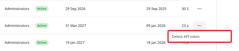 API tokens list with the three-dot menu open and Delete API token highlighted