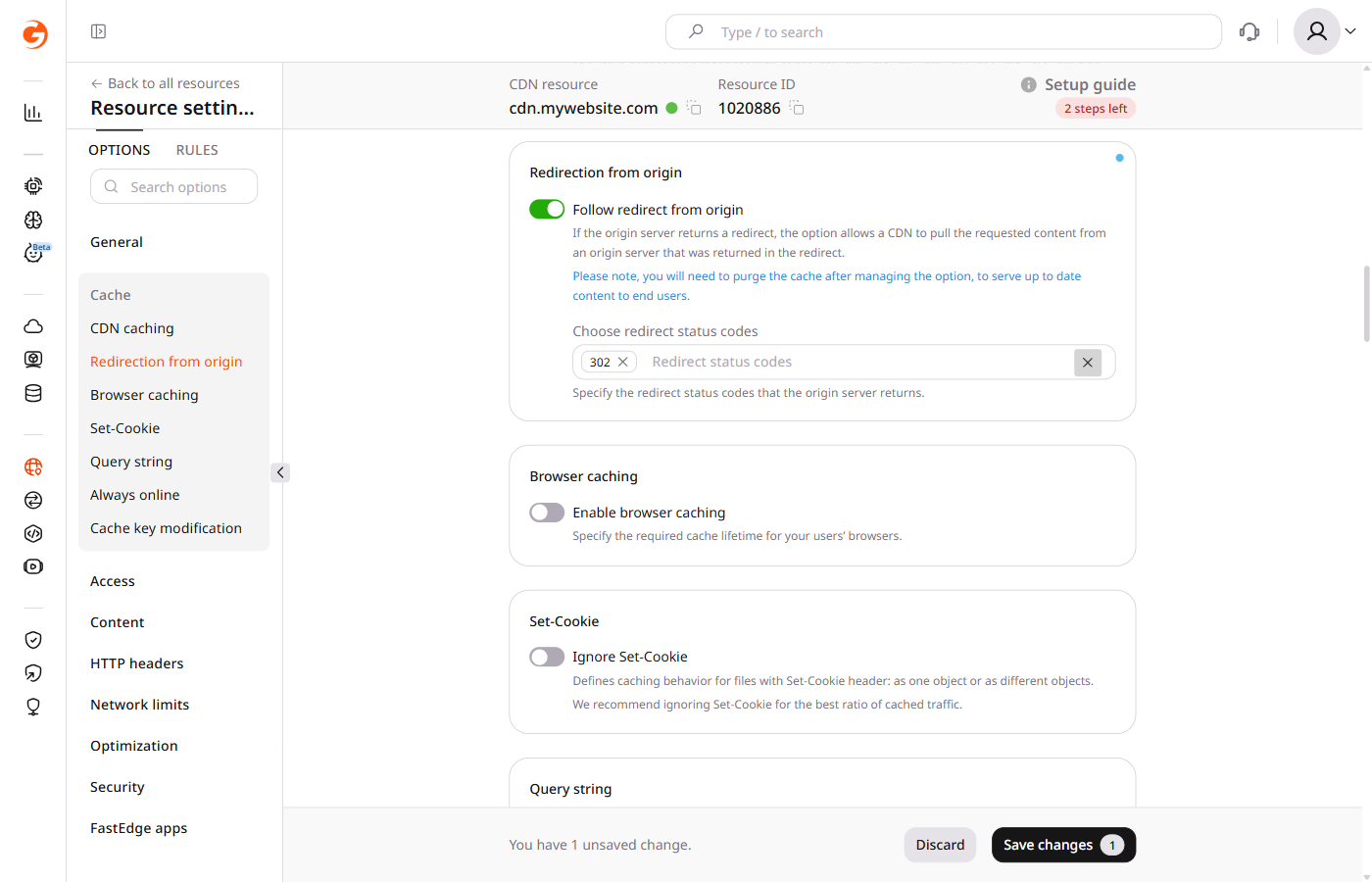 Follow redirect from origin toggle enabled with status codes field