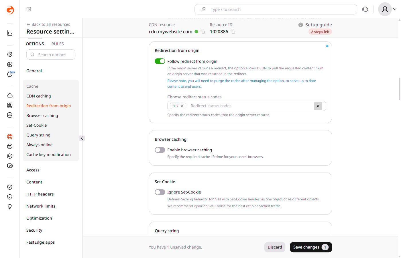 Follow redirect from origin toggle enabled with status codes field