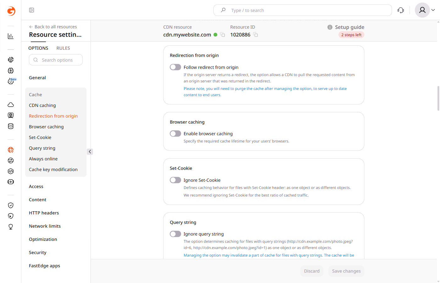 Choose redirect status codes dropdown