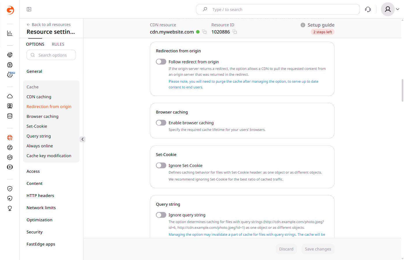 Choose redirect status codes dropdown