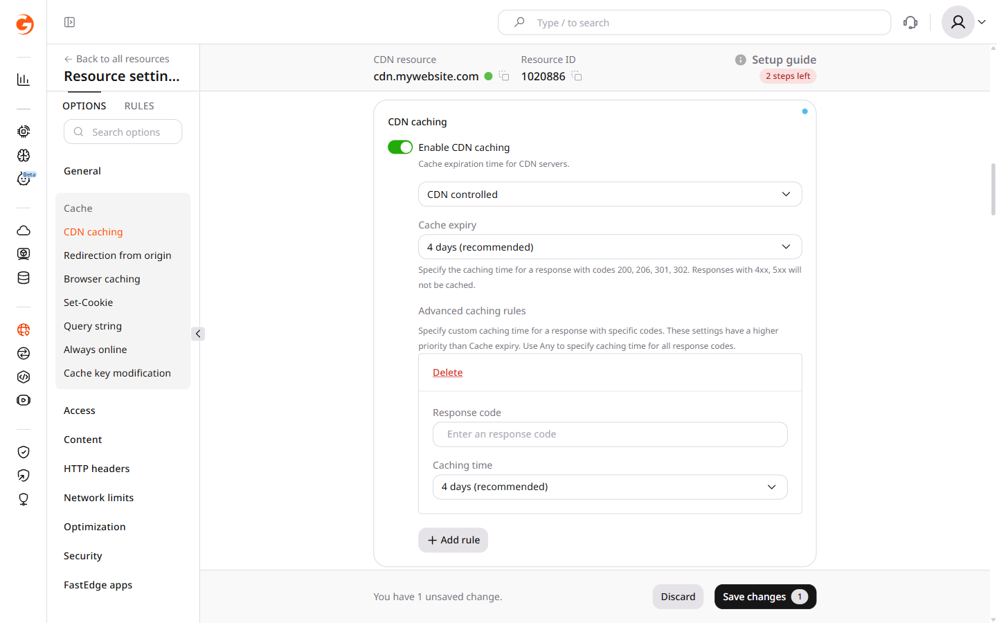 Advanced caching rule form with Response code and Caching time fields
