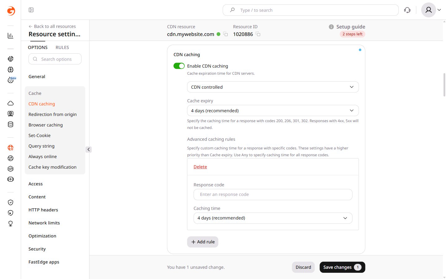 Advanced caching rule form with Response code and Caching time fields