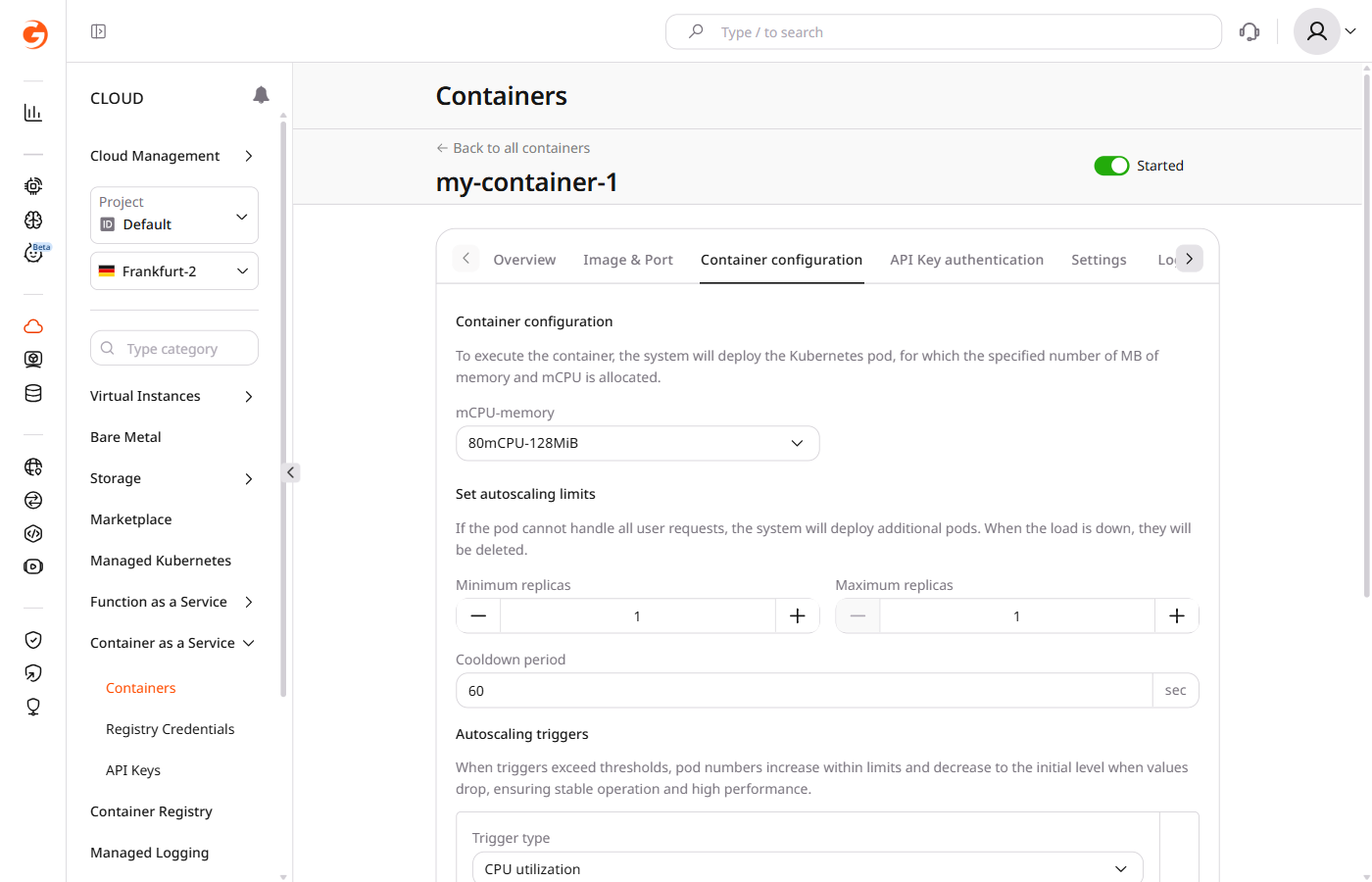 Container configuration tab