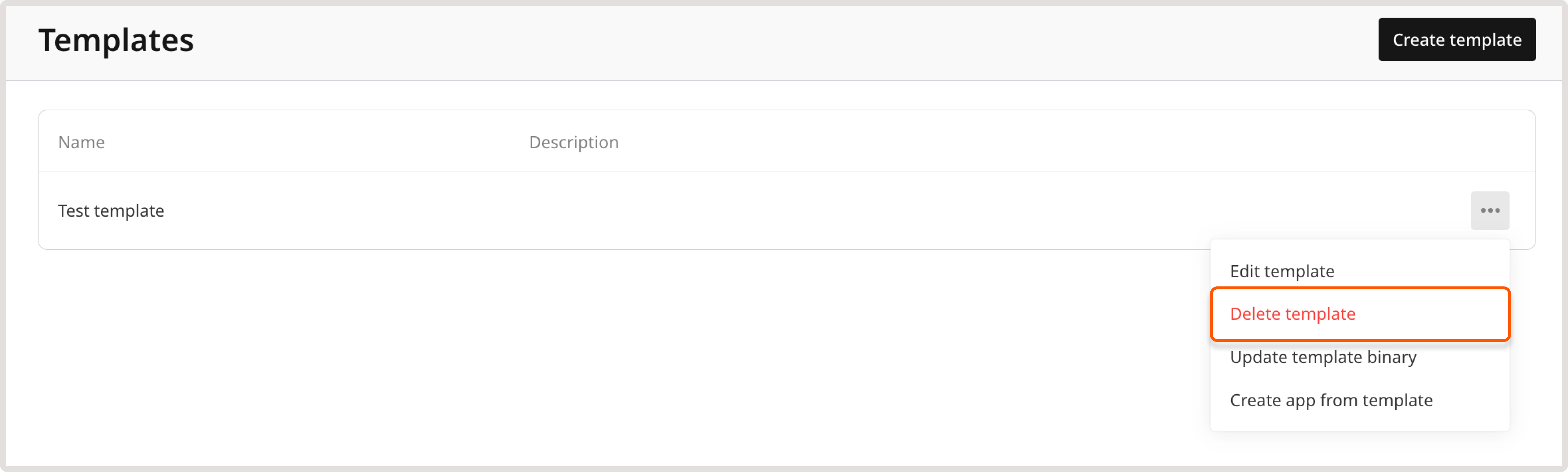 Delete template menu item