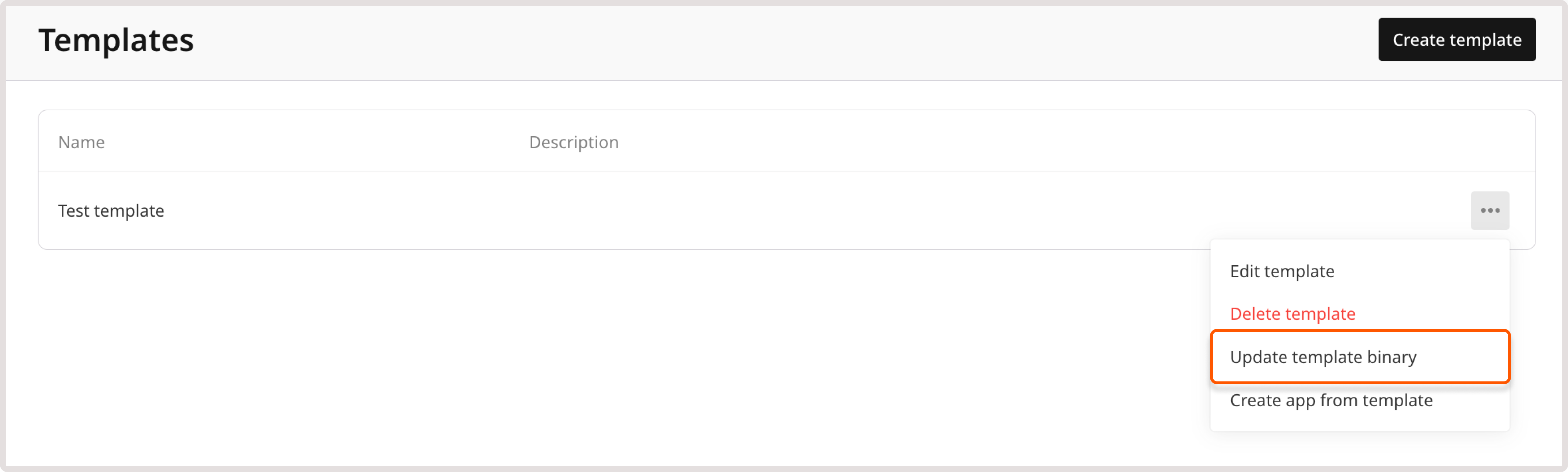 Update template binary menu item
