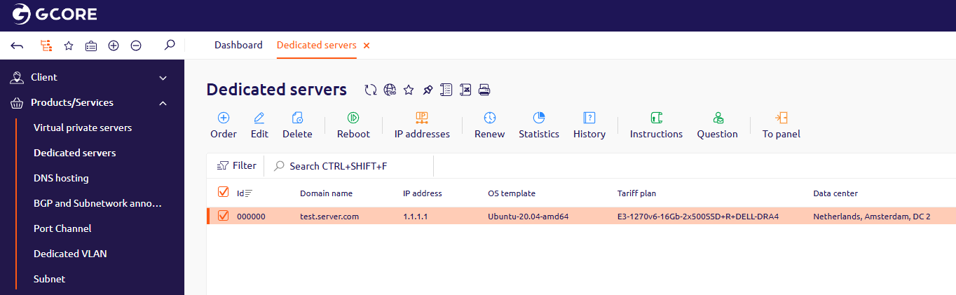 Dedicated servers list with the IP addresses button highlighted in the toolbar