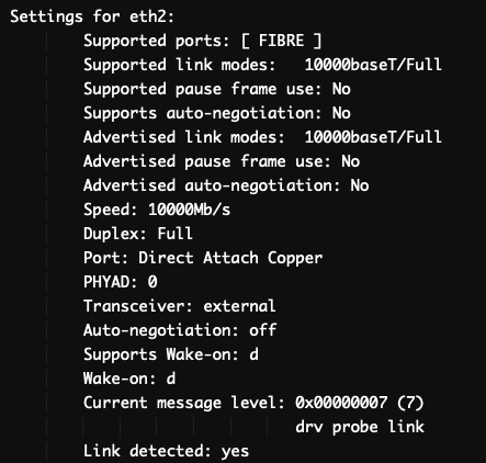 ethtool output showing 10 Gbps interface