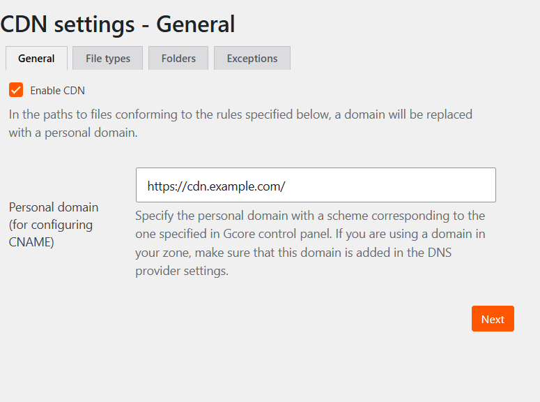 Enable CDN URL rewriting and enter the CDN domain