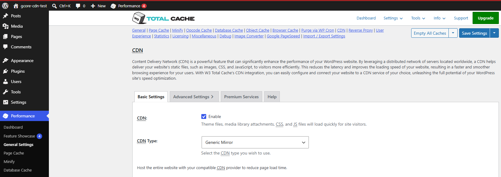 CDN section with Enable selected and Generic Mirror as the CDN type
