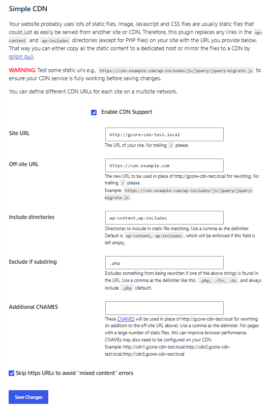 Simple CDN form with Enable CDN Support selected and Off-site URL set to a custom domain