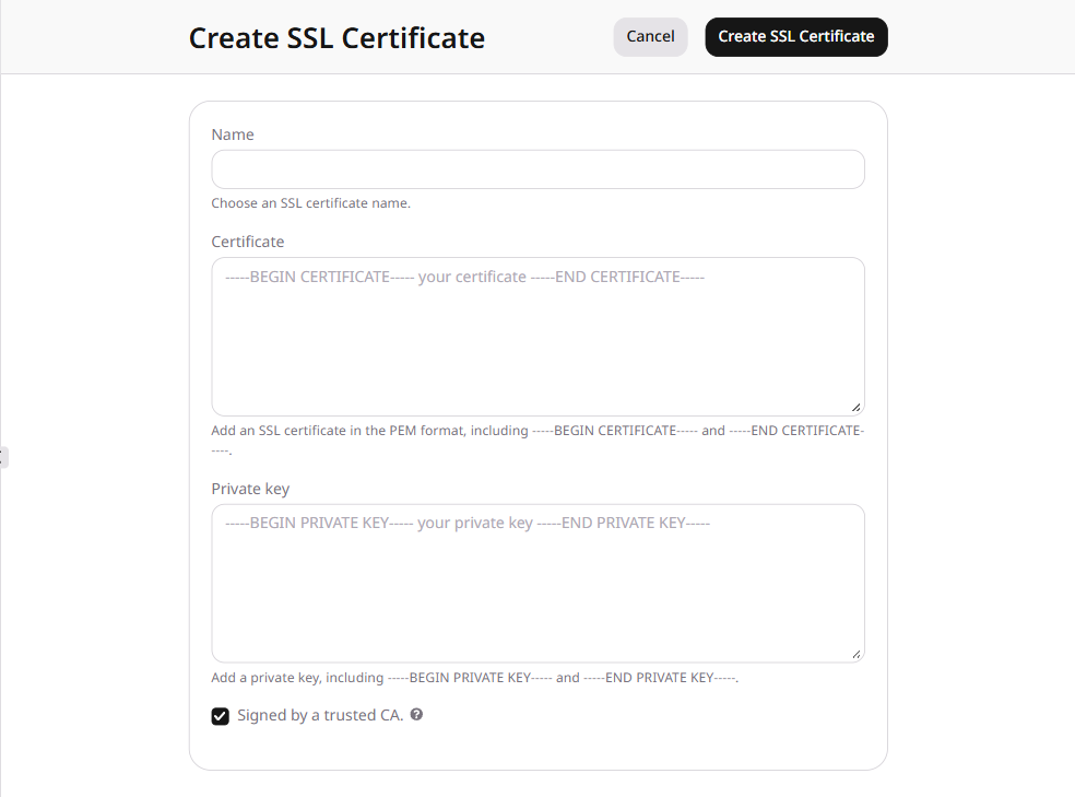 Create SSL Certificate form with Name, Certificate, and Private key