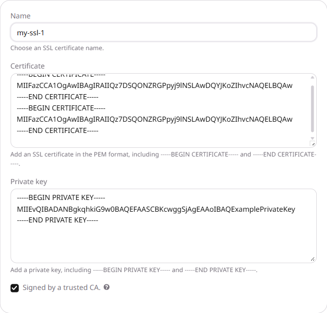 Create SSL Certificate form filled with name, certificate chain, and private key