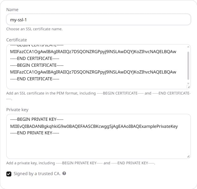 Create SSL Certificate form filled with name, certificate chain, and private key