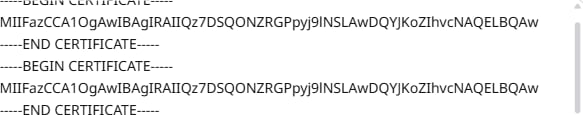 Certificate chain pasted into the Certificate field