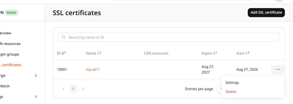 Settings and Delete actions on an SSL certificate row