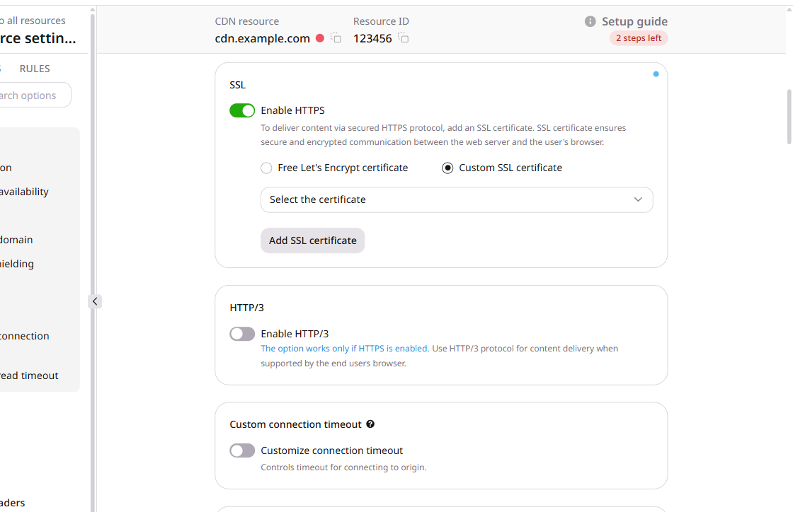 Enable HTTPS and Custom SSL certificate on an existing resource