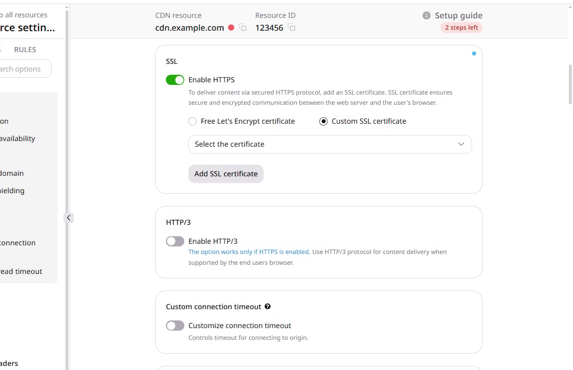 Enable HTTPS and Custom SSL certificate on an existing resource