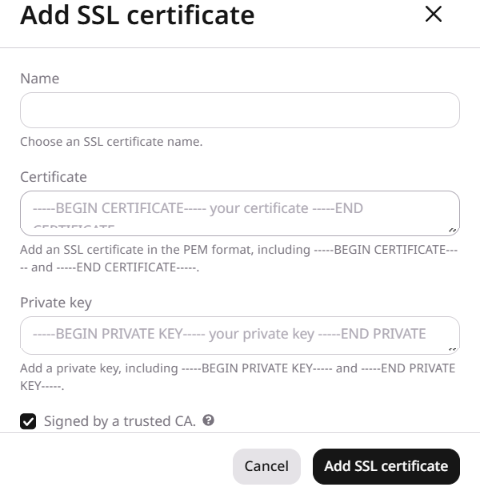 Add SSL certificate dialog on an existing resource