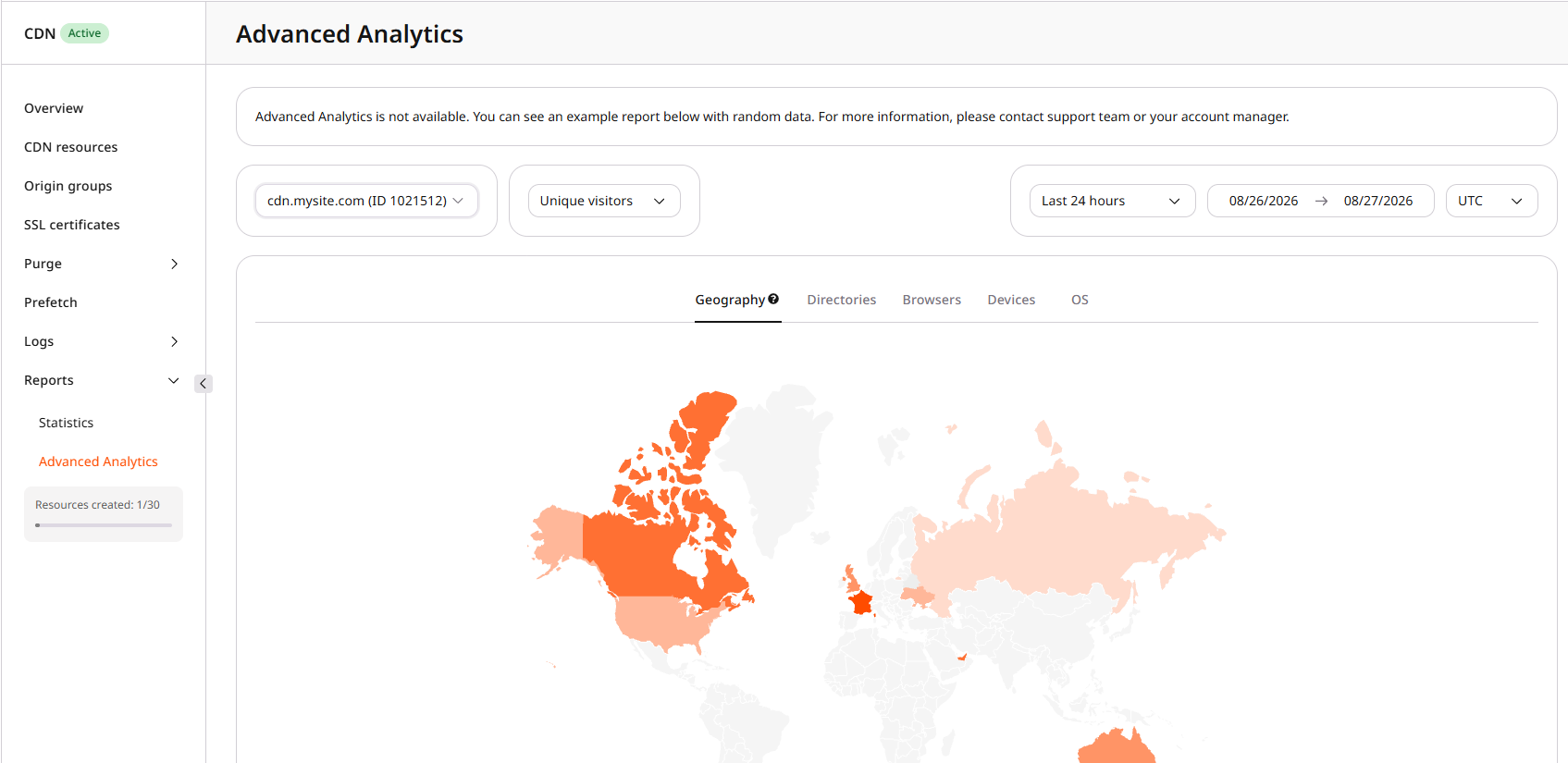 Advanced Analytics example report with unavailable banner