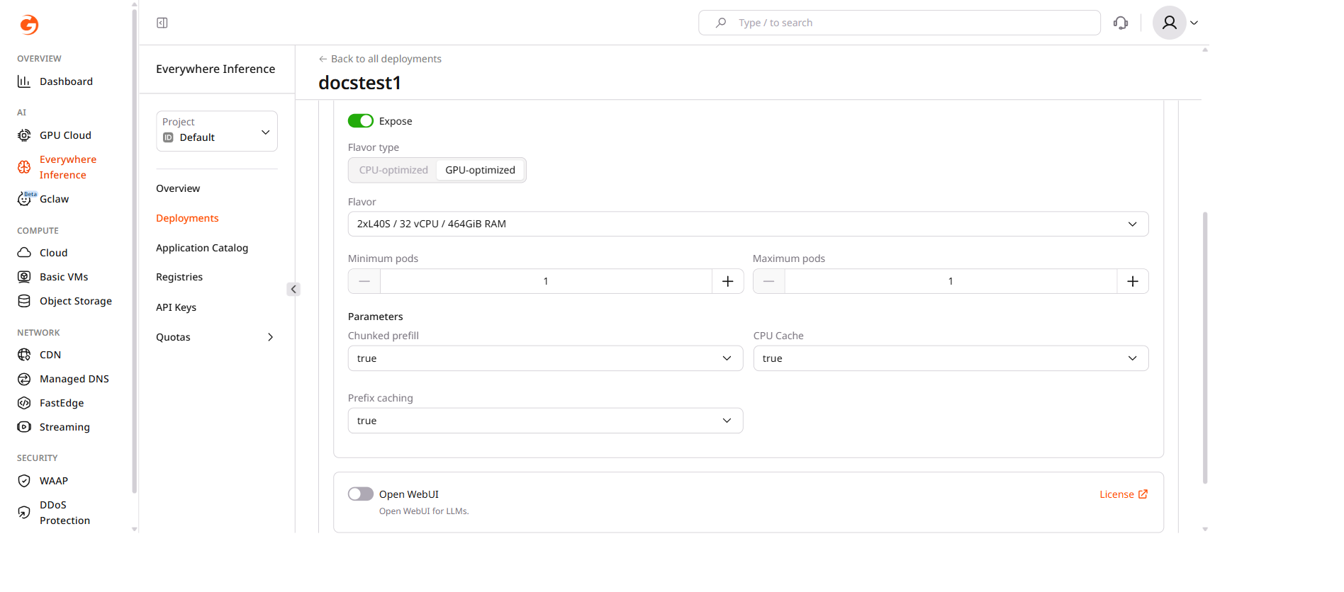 Settings tab — pod configuration
