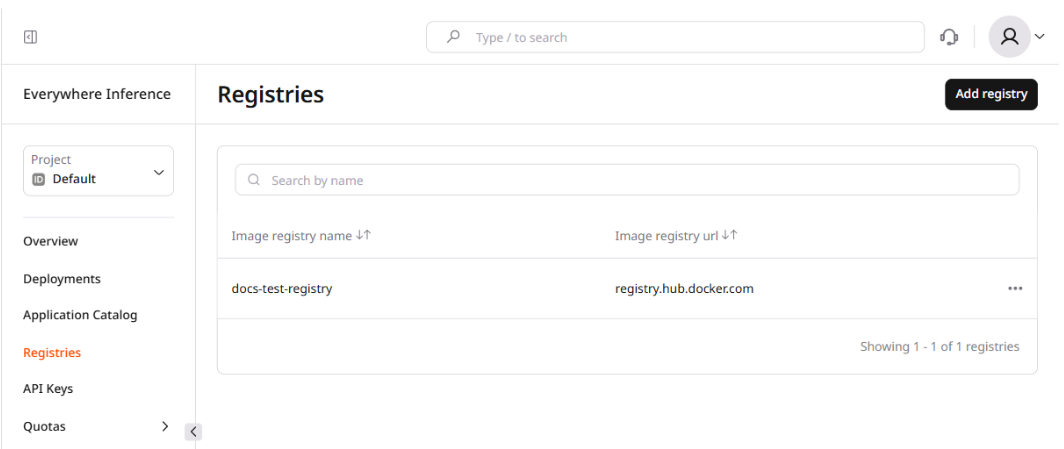 Registries page with Add registry button