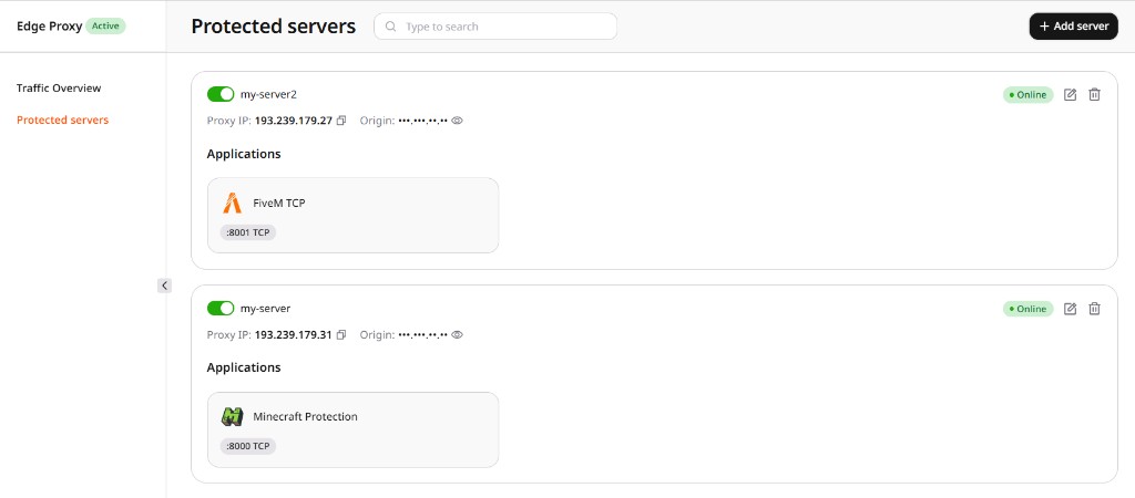 Protected servers list showing existing servers and the Add server button