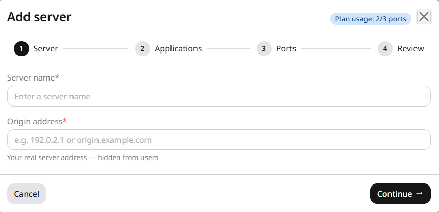 Step 1 showing Server name and Origin address fields