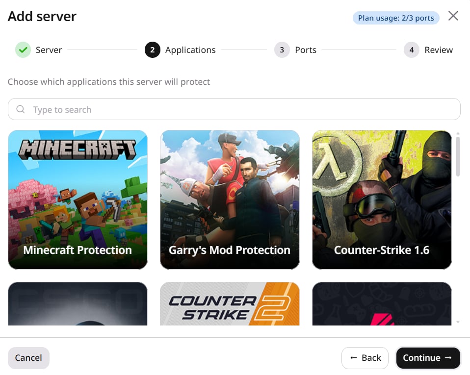 Step 2 showing application cards and search