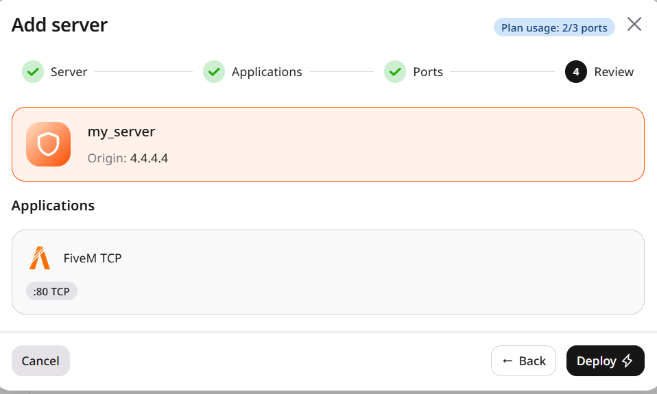Step 4 showing a summary of the configuration before deployment