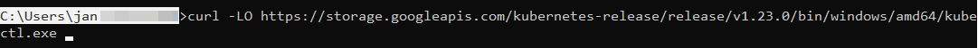 Windows command line showing the kubectl.exe download path to copy
