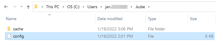 Windows File Explorer showing the kubeconfig file renamed to config and placed in the .kube folder