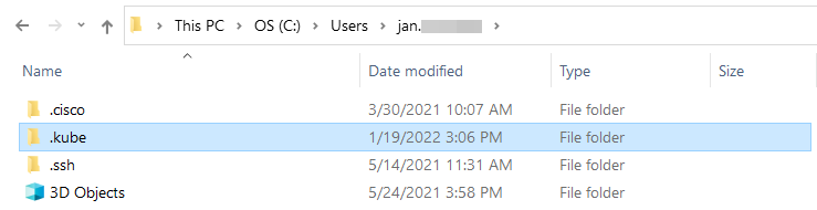 Windows File Explorer showing the .kube directory created in the user home folder
