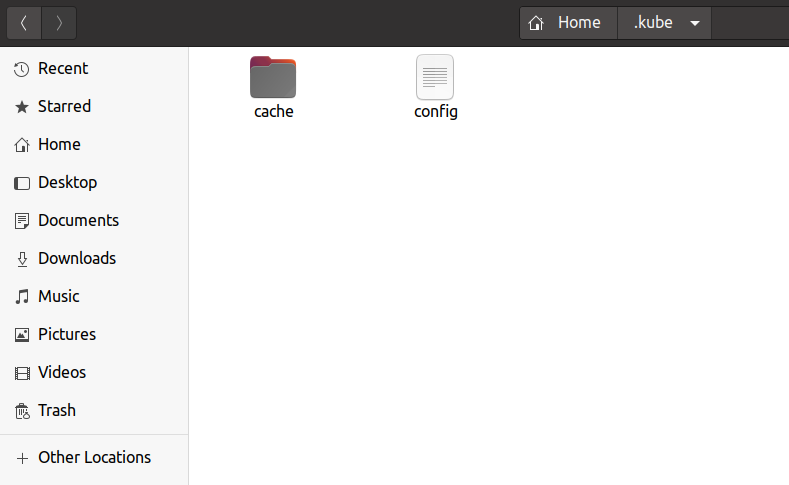 Linux file manager showing the kubeconfig file renamed to config and placed in the .kube folder