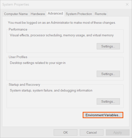 Windows System Properties dialog showing Advanced system settings link