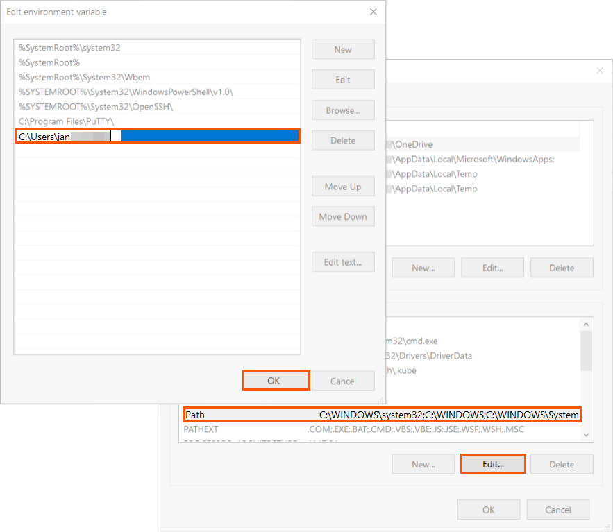 Windows Environment Variables dialog with kubectl path added to the Path system variable