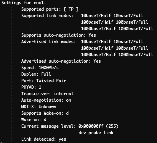ethtool eno1 output
