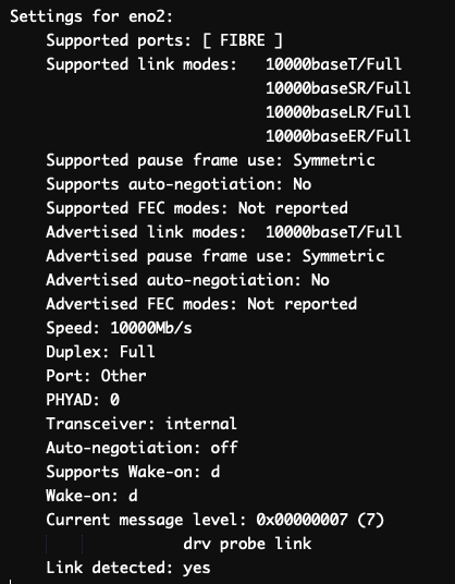 ethtool output showing 10 Gbps interface on CentOS