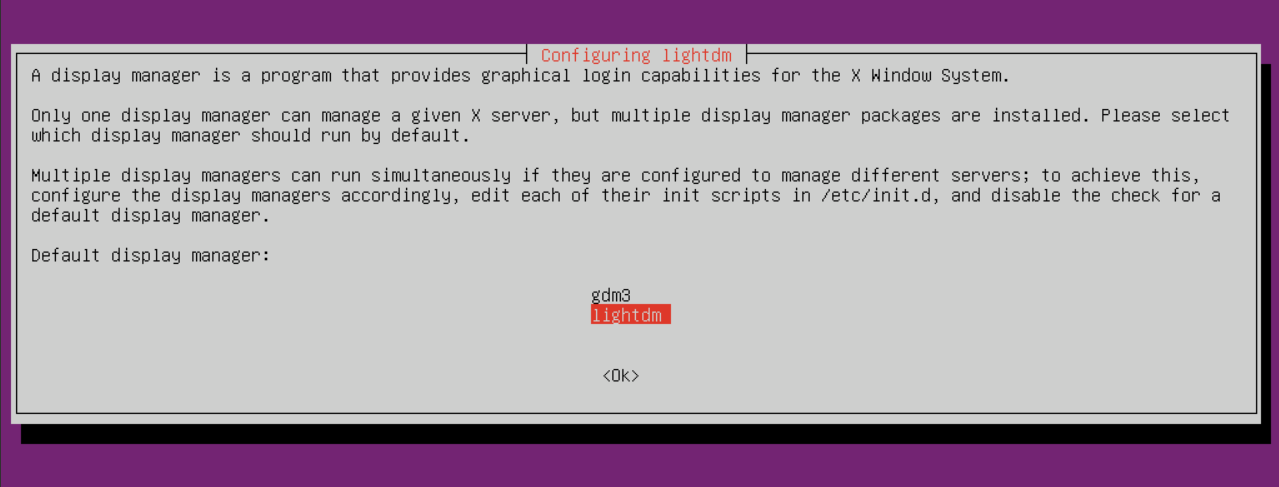 Display manager selection: lightdm selected