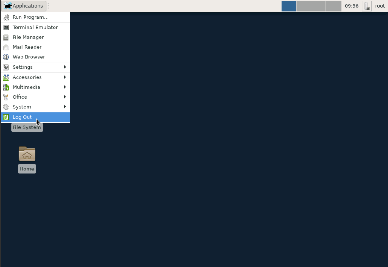 XFCE Applications menu with Log Out selected