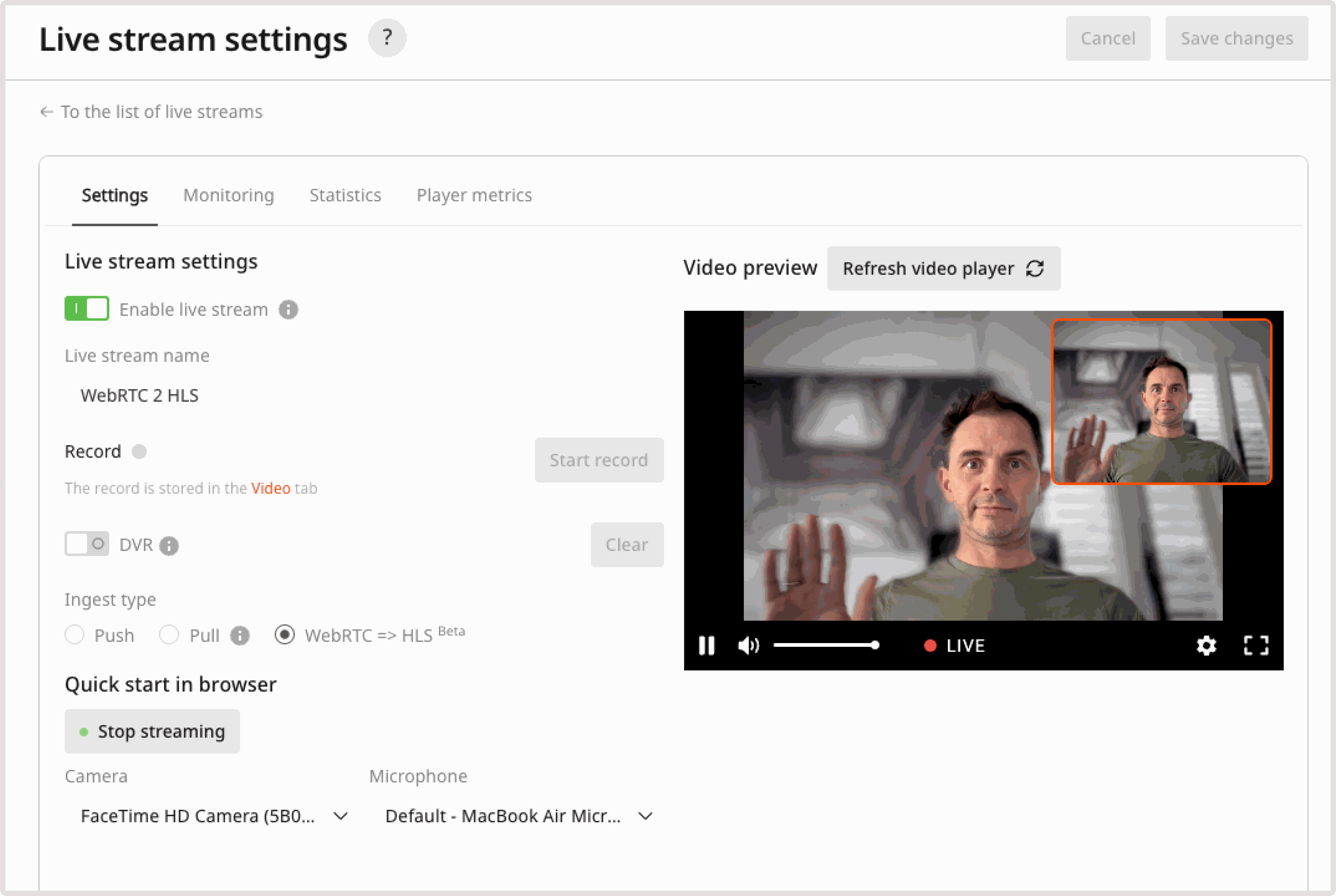 Live stream preview after WebRTC browser publishing starts