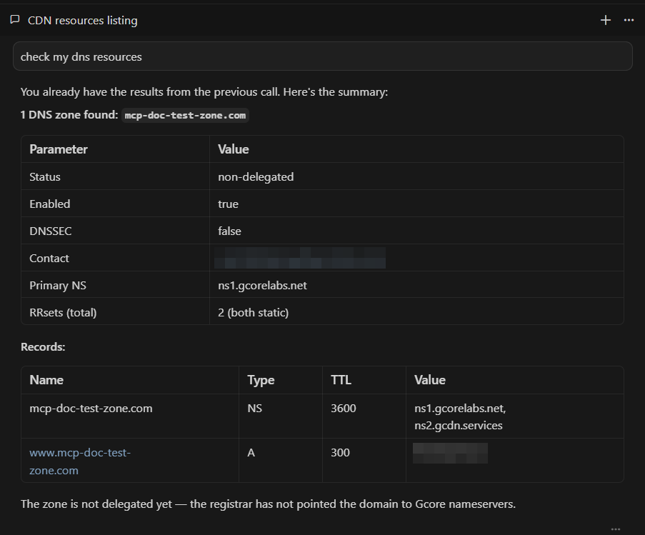 Cursor IDE returning DNS zone details via Gcore MCP Server