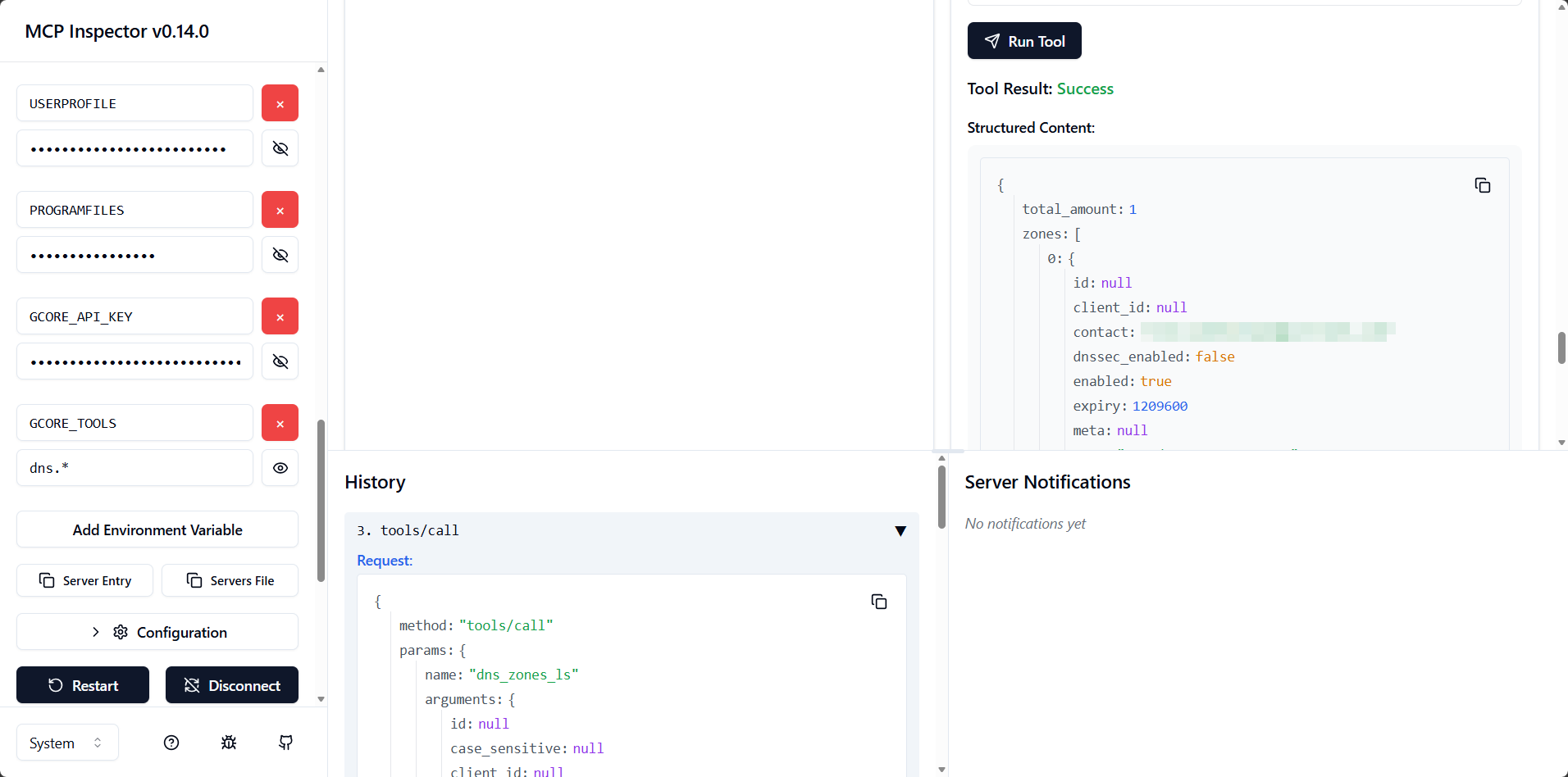 MCP Inspector showing dns_zones_ls tool execution with JSON response containing zone details