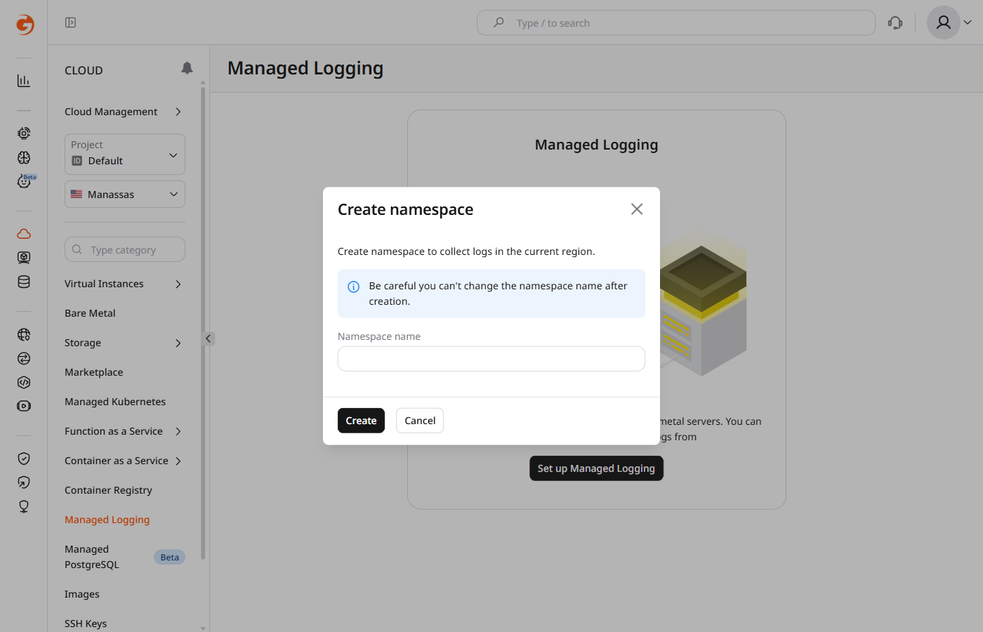 Create namespace dialog
